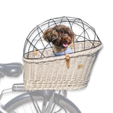 Wicker Dog or Cat Carrier with Protective Grille - for Bicycle Luggage Rack & Metal Holder - Ecru Color with Soft Cotton Cushion