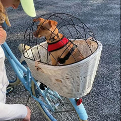Wicker Dog or Cat Carrier with Protective Grille - for Bicycle Luggage Rack & Metal Holder - Ecru Color with Soft Cotton Cushion