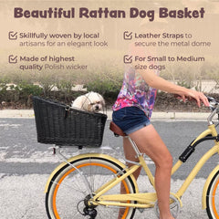 Wicker Dog or Cat Carrier with Protective Grille - for Bicycle Luggage Rack & Metal Holder - Black Color with Soft Cotton Cushion