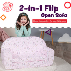 DELSIT Toddler Couch & Kids Sofa - Flip Open Double Sofa - Uni & Rainbows Pink
