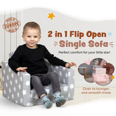 DELSIT Toddler Chair & Kids Sofa - Flip Open Foam Single Sofa - Gray with Stars