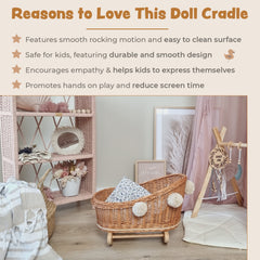 WIKLIBOX Wicker Doll Cradle - Natural Wicker w/ Ecru Pom Poms & Flower Bedding