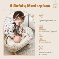 WIKLIBOX Wicker Doll Cradle - Natural Wicker w/ Ecru Pom Poms & Flower Bedding