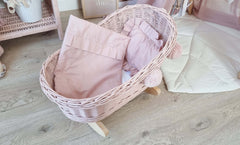 WIKLIBOX Wicker Doll Cradle - Pink Color w/Ecru Bow & Bedding - Baby Doll Bed