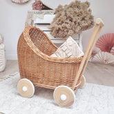WIKLIBOX Handwoven Wicker Doll Stroller with Cotton Bedding – Natural Toy for Toddlers - Natural with White Waffle Bedding Set
