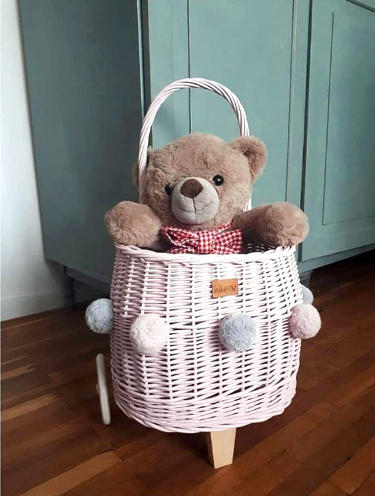 WIKLIBOX Rattan Pully Toy Basket - Pink Color - Wicker Luggy Toy Storage