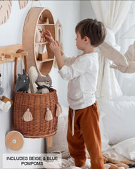 WIKLIBOX Rattan Pully Toy Basket - Natural Color - Wicker Luggy Toy Storage