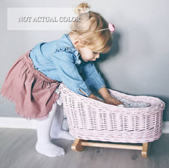 WIKLIBOX Wicker Baby Doll Bed - Pink Color W/Ecru Bow & Bedding - Doll Cradle