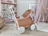 WIKLIBOX Rattan Baby Doll Stroller - Natural With Flower Bows & Bedding