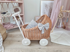 WIKLIBOX Rattan Baby Doll Stroller - Natural With Flower Bows & Bedding