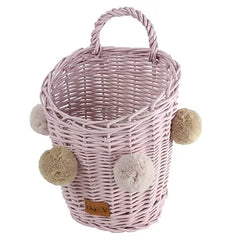 WIKLIBOX Rattan Wall Hanging Basket - Pink With Ivory-Beige Pompoms