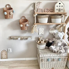 WIKLIBOX Rattan Wall Hanging Basket - Natural Wicker With Ivory-Beige Pompoms