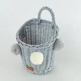 WIKLIBOX Rattan Wall Hanging Basket - Gray With Ivory-Blue Pompoms