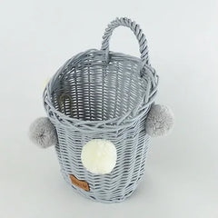 WIKLIBOX Rattan Wall Hanging Basket - Gray With Ivory-Blue Pompoms