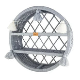 WIKLIBOX Rattan Wall Floating Shelf - Round Gray With Ecru-Blue Tassels