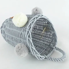 WIKLIBOX Rattan Wall Hanging Basket - Gray With Ivory-Blue Pompoms