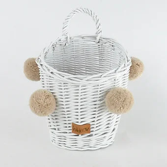 WIKLIBOX Rattan Wall Hanging Basket - White With Beige Pompoms