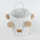 WIKLIBOX Rattan Wall Hanging Basket - White With Beige Pompoms