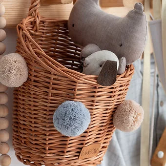WIKLIBOX Rattan Wall Hanging Basket - Natural Wicker With Ivory-Beige Pompoms