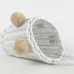 WIKLIBOX Rattan Wall Hanging Basket - White With Beige Pompoms