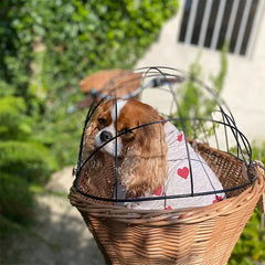 Wicker Dog or Cat Carrier with Protective Grille - for Bicycle Luggage Rack & Metal Holder - Natural Rattan Color with Soft Cotton Cushion