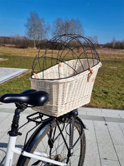 Wicker Dog or Cat Carrier with Protective Grille - for Bicycle Luggage Rack & Metal Holder - Ecru Color with Soft Cotton Cushion