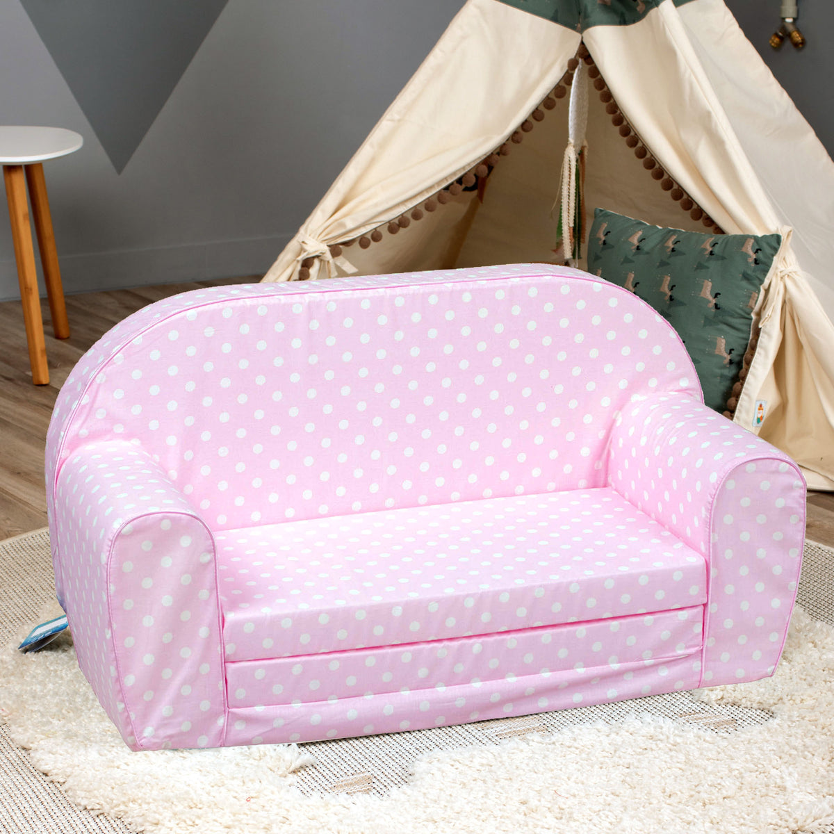 DELSIT Toddler Couch & Kids Sofa - Flip Open Double Sofa - Baby Pink with Dots