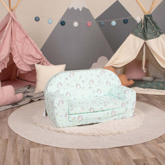 DELSIT Toddler Couch & Kids Sofa - Flip Open Double Sofa - Uni & Rainbows Mint