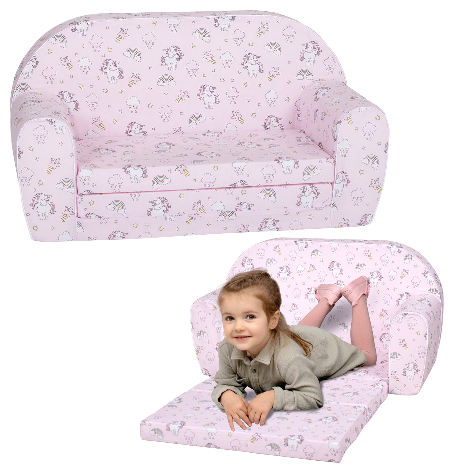 DELSIT Toddler Couch & Kids Sofa - Flip Open Double Sofa - Uni & Rainbows Pink