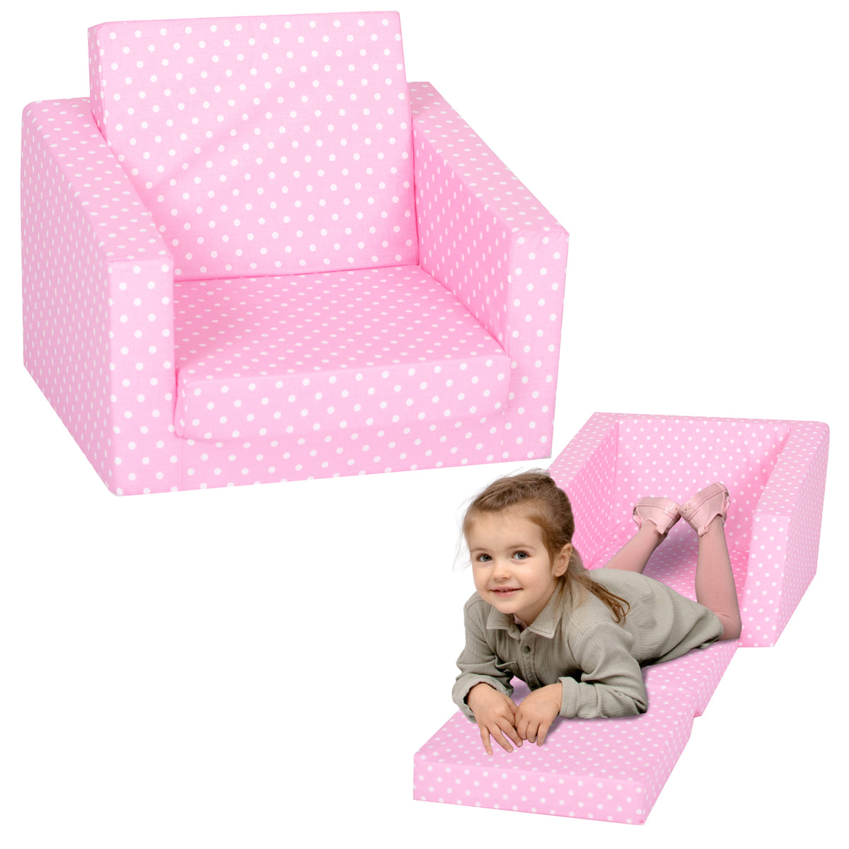 DELSIT Toddler Chair & Kids Sofa - Flip Open Foam Single Sofa - Pink with Dots