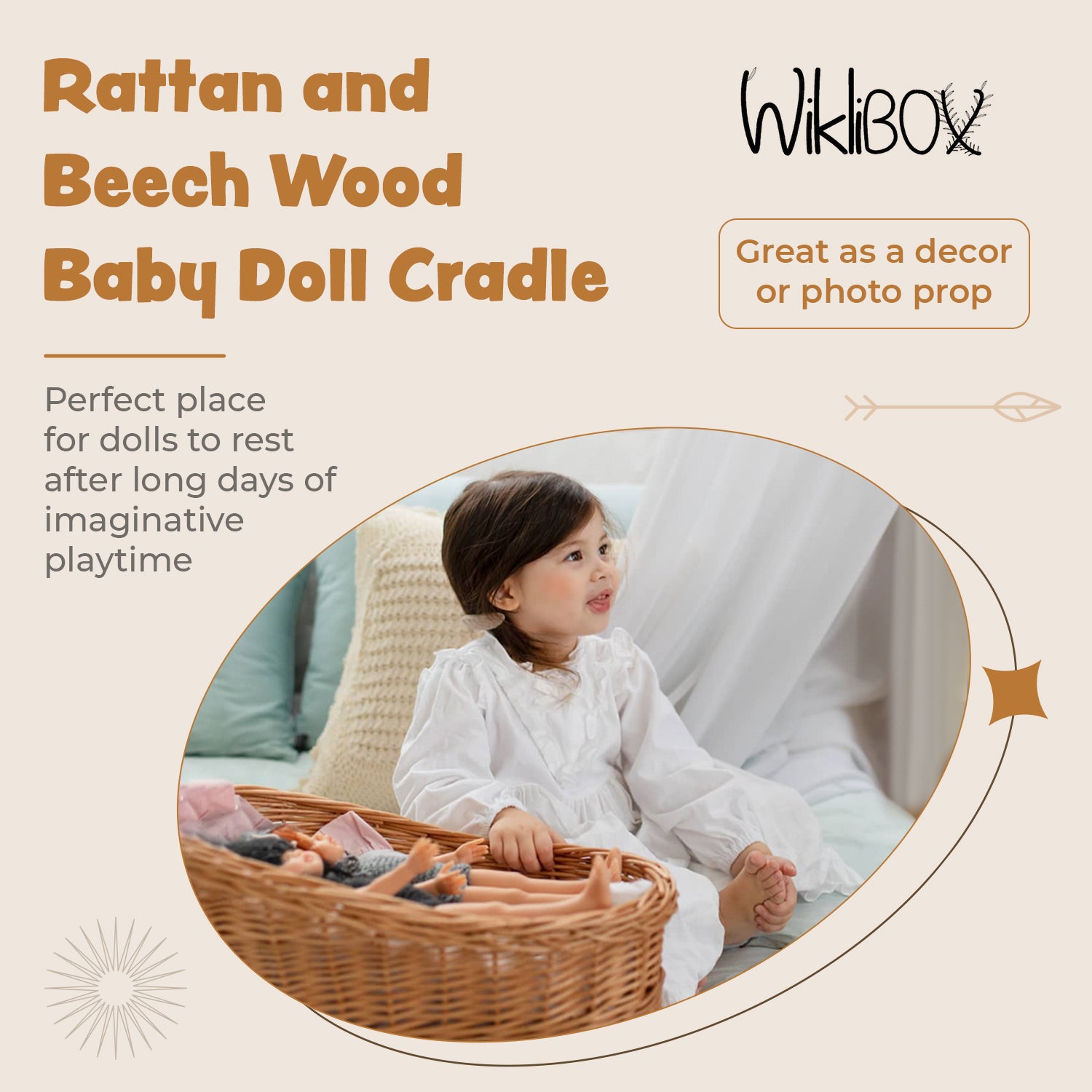 WIKLIBOX Wicker Doll Cradle - Natural Wicker w/ Ecru Pom Poms & Flower Bedding