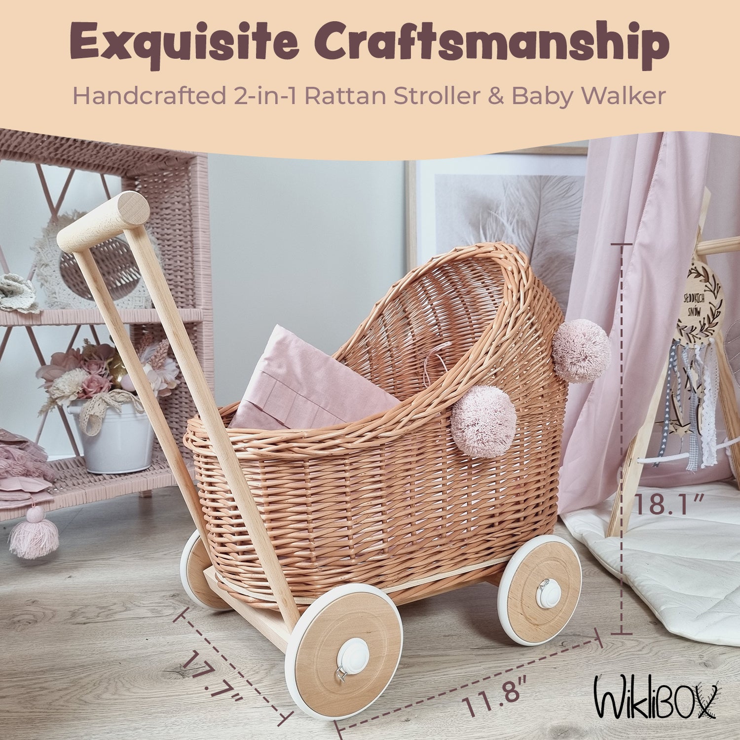 WIKLIBOX Rattan Baby Doll Stroller - Natural with Pink Poms & Bedding