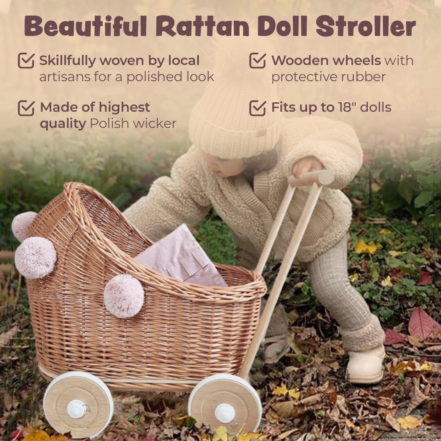 wicker baby doll stroller WIKLIBOX Rattan Baby Doll Stroller - Natural with Pink Poms & Bedding