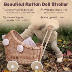 WIKLIBOX Rattan Baby Doll Stroller - Natural with Pink Poms & Bedding