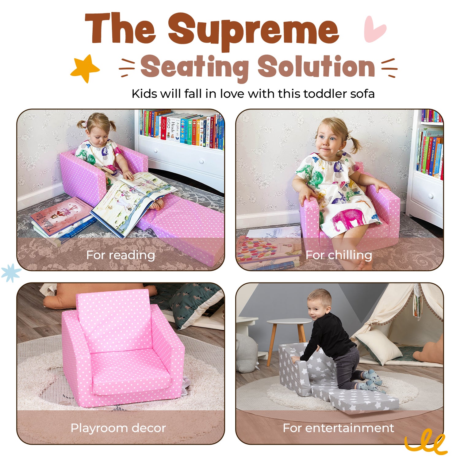 DELSIT Toddler Chair & Kids Sofa - Flip Open Foam Single Sofa - Pink with Dots