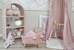 WIKLIBOX Wicker Doll Cradle - Pink Color w/Ecru Bow & Bedding - Baby Doll Bed