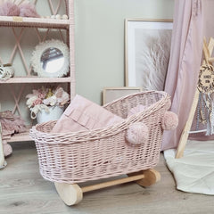 WIKLIBOX Wicker Doll Cradle - Pink Color w/Ecru Bow & Bedding - Baby Doll Bed