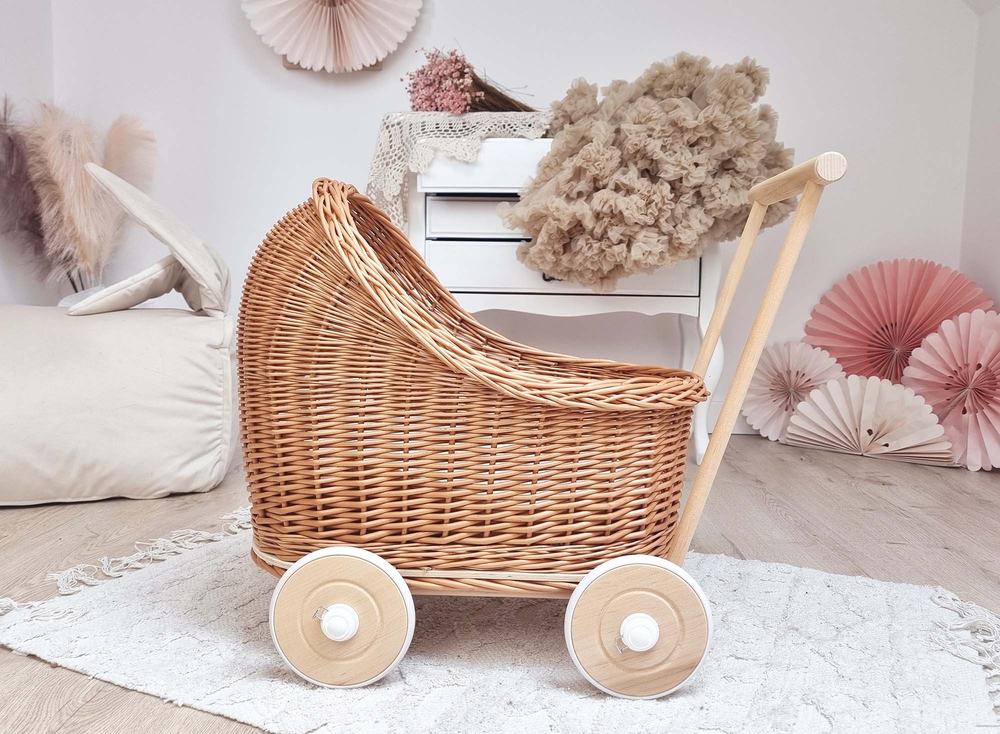 WIKLIBOX Rattan Baby Doll Stroller - Natural with Beige Bedding