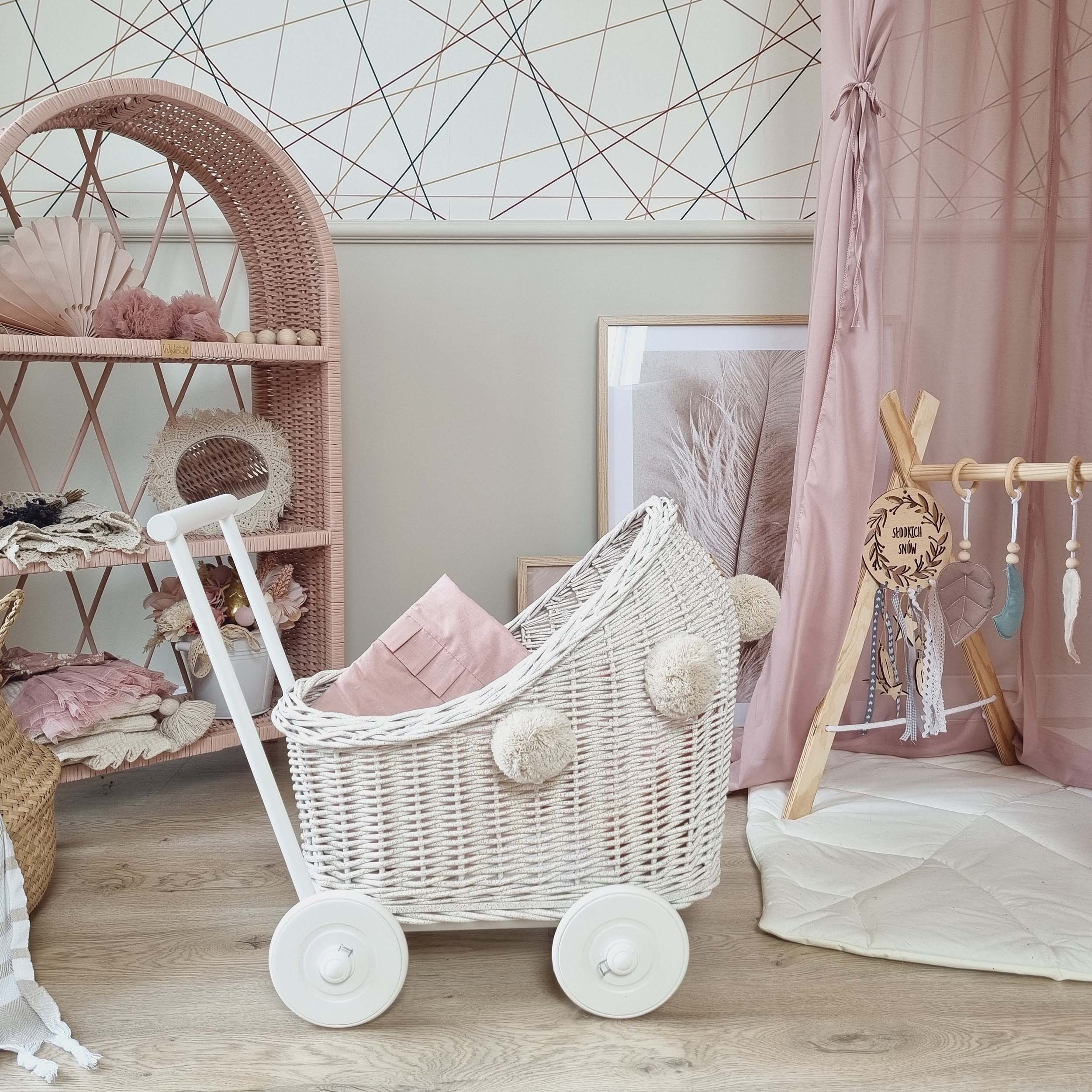 White Poms & Pink Bed Doll Stroller