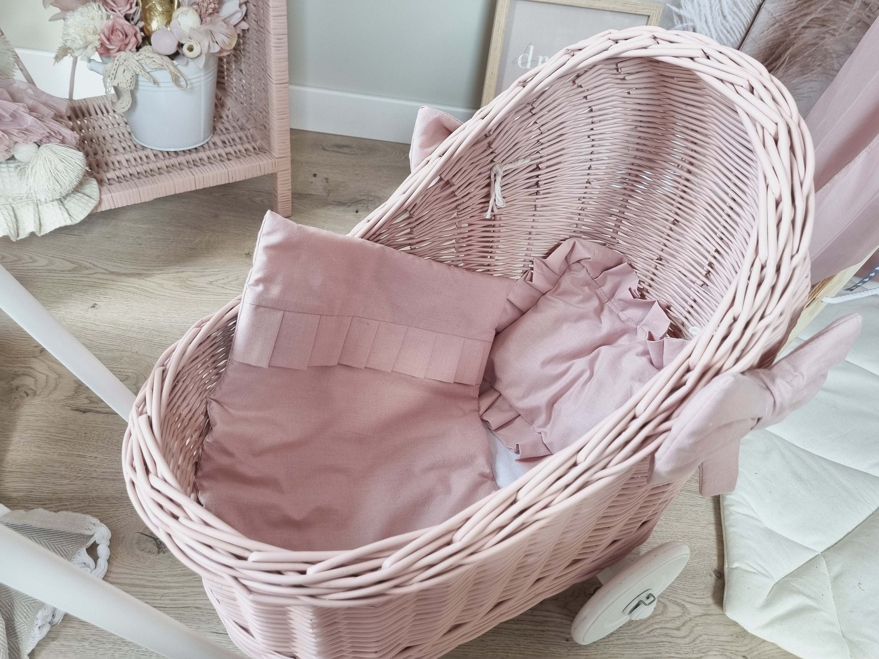 WIKLIBOX Rattan Baby Doll Stroller - Pink w/ Pink Bow and Bedding