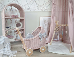 WIKLIBOX Rattan Baby Doll Stroller - Pink w/ Ecru Bow & Bedding