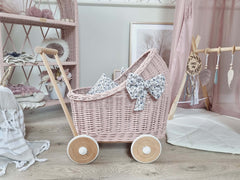 WIKLIBOX Rattan Baby Doll Stroller - Pink w/ Ecru Bow & Bedding