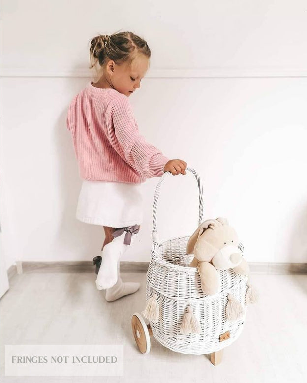 WIKLIBOX Rattan Pully Toy Basket - White Color - Wicker Luggy Toy Storage