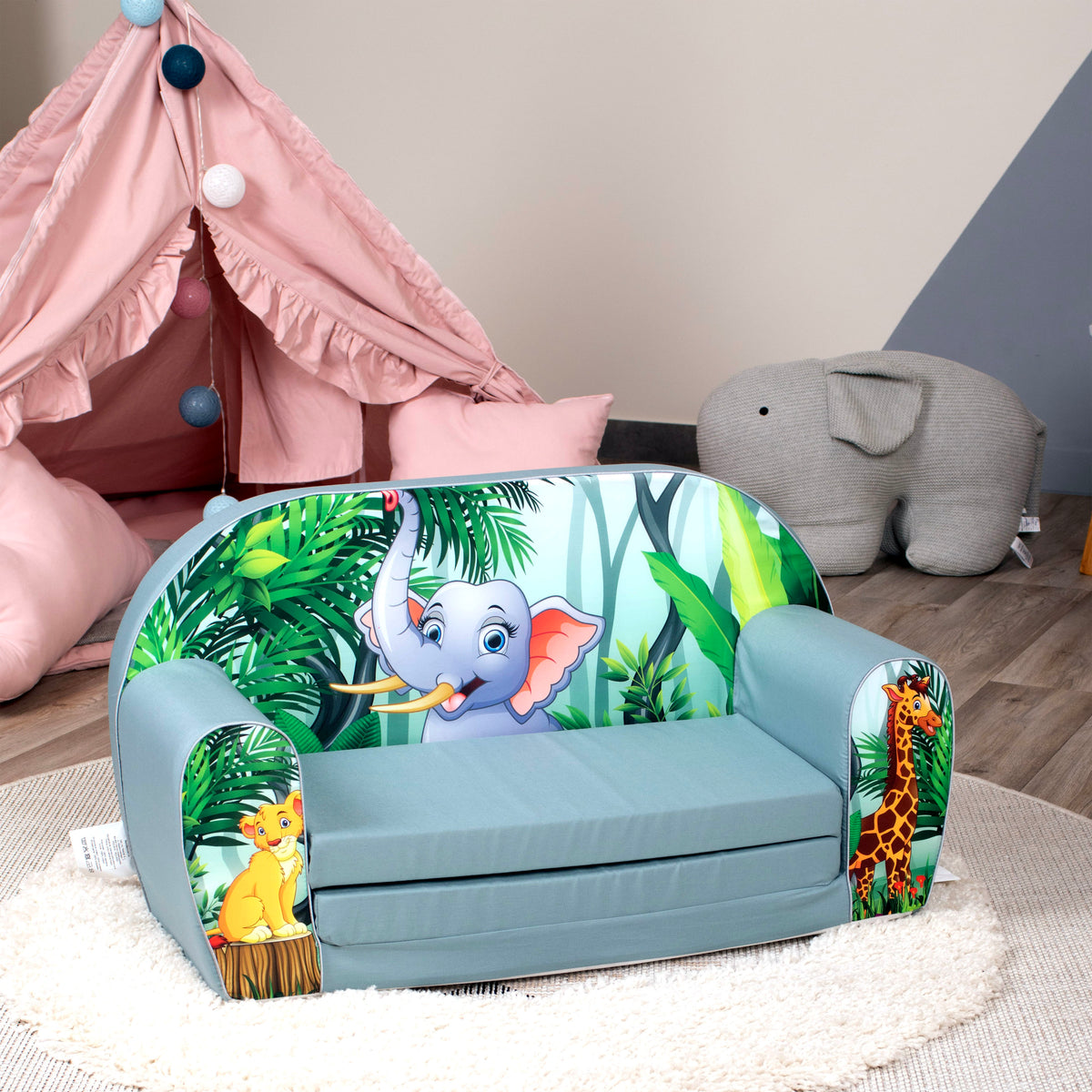 DELSIT Toddler Couch & Kids Sofa - Flip Open Double Sofa - Adorable Elephant