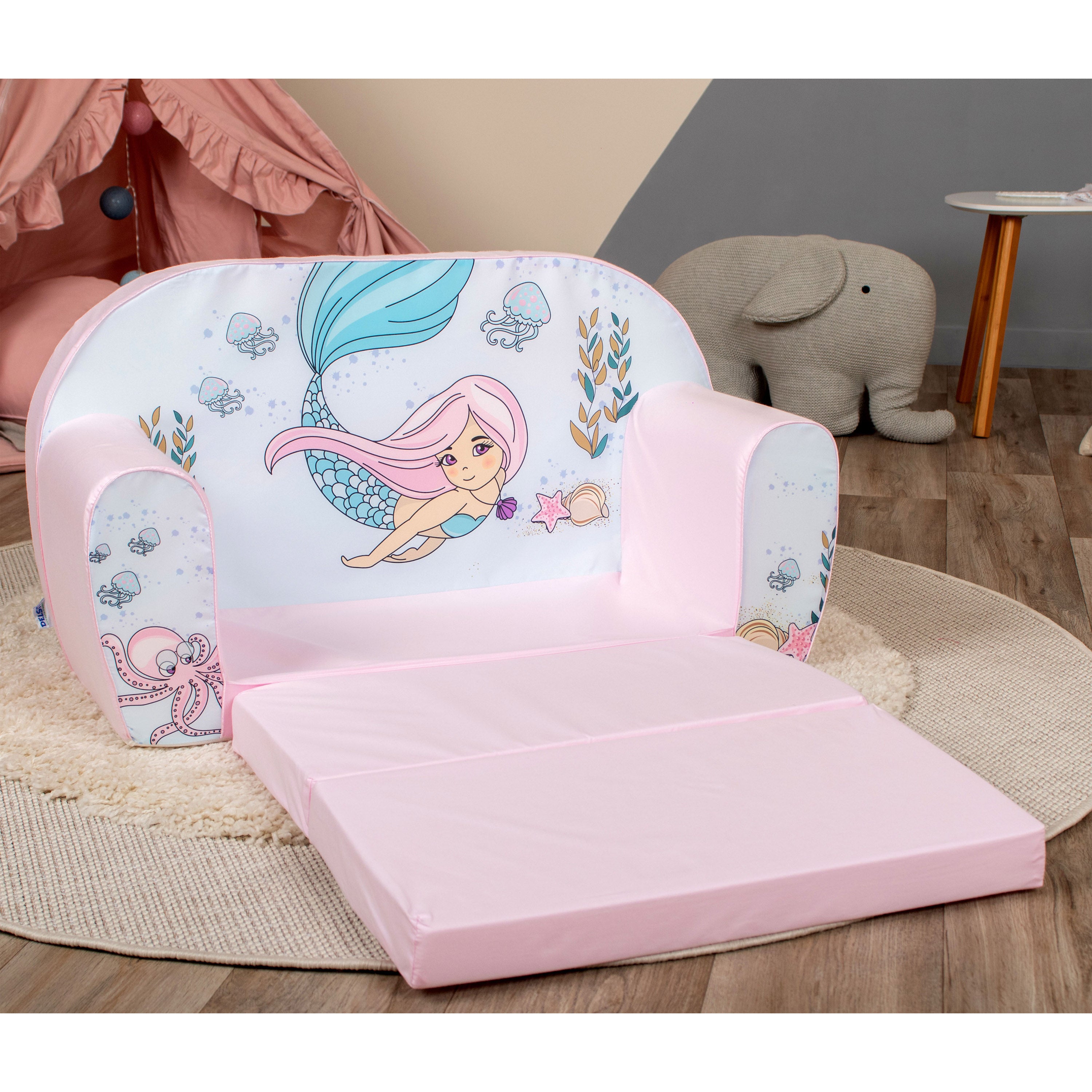 DELSIT Toddler Couch & Kids Sofa - Flip Open Double Sofa - Mermaid