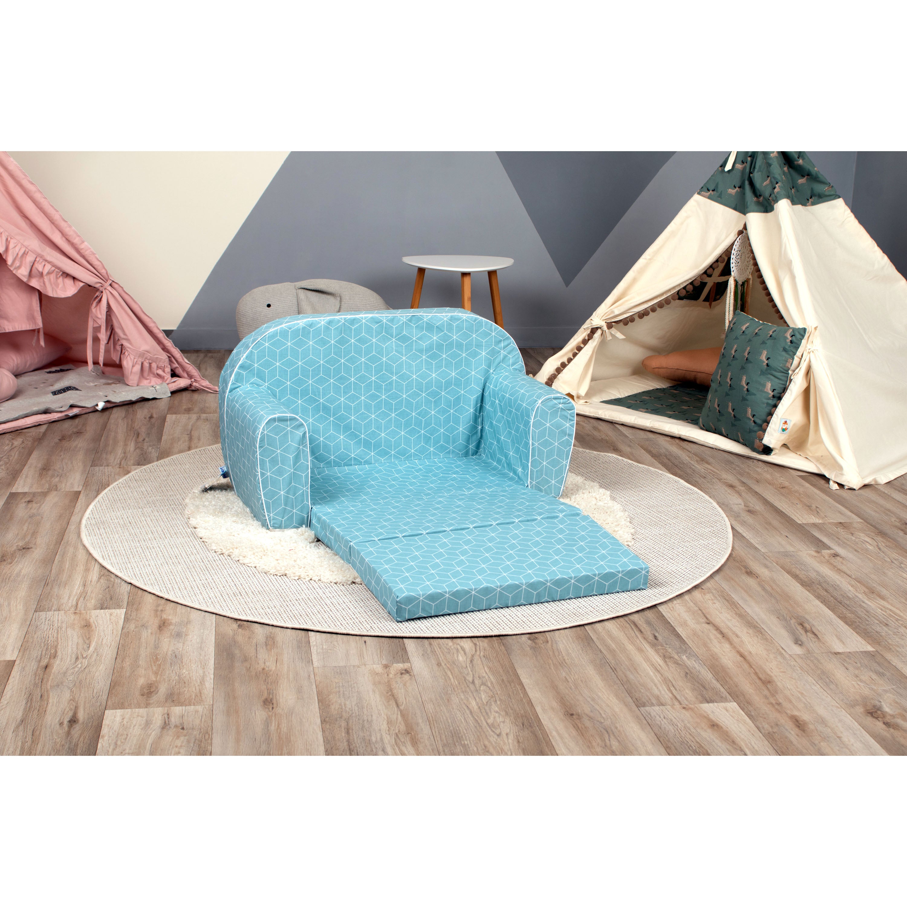 DELSIT Toddler Couch & Kids Sofa - Flip Open Double Sofa - Mint Cubes