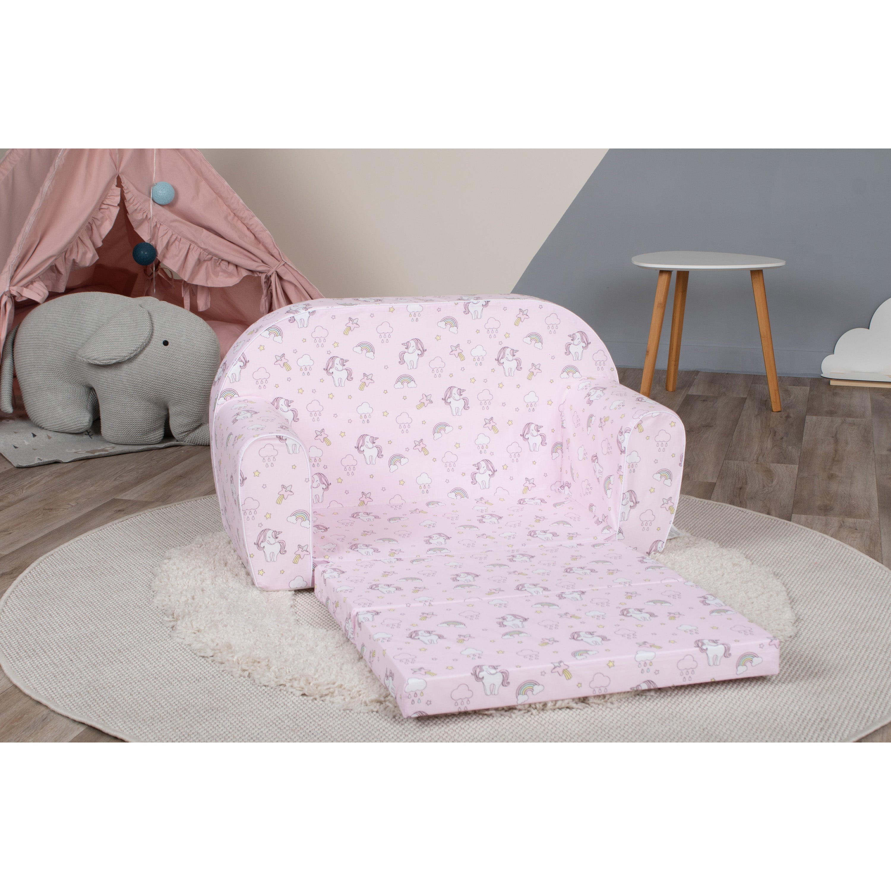 DELSIT Toddler Couch & Kids Sofa - Flip Open Double Sofa - Uni & Rainbows Pink