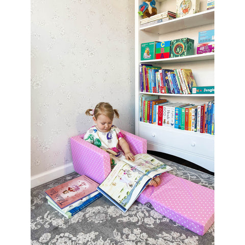 DELSIT Toddler Chair & Kids Sofa - Flip Open Foam Single Sofa - Pink With Dots