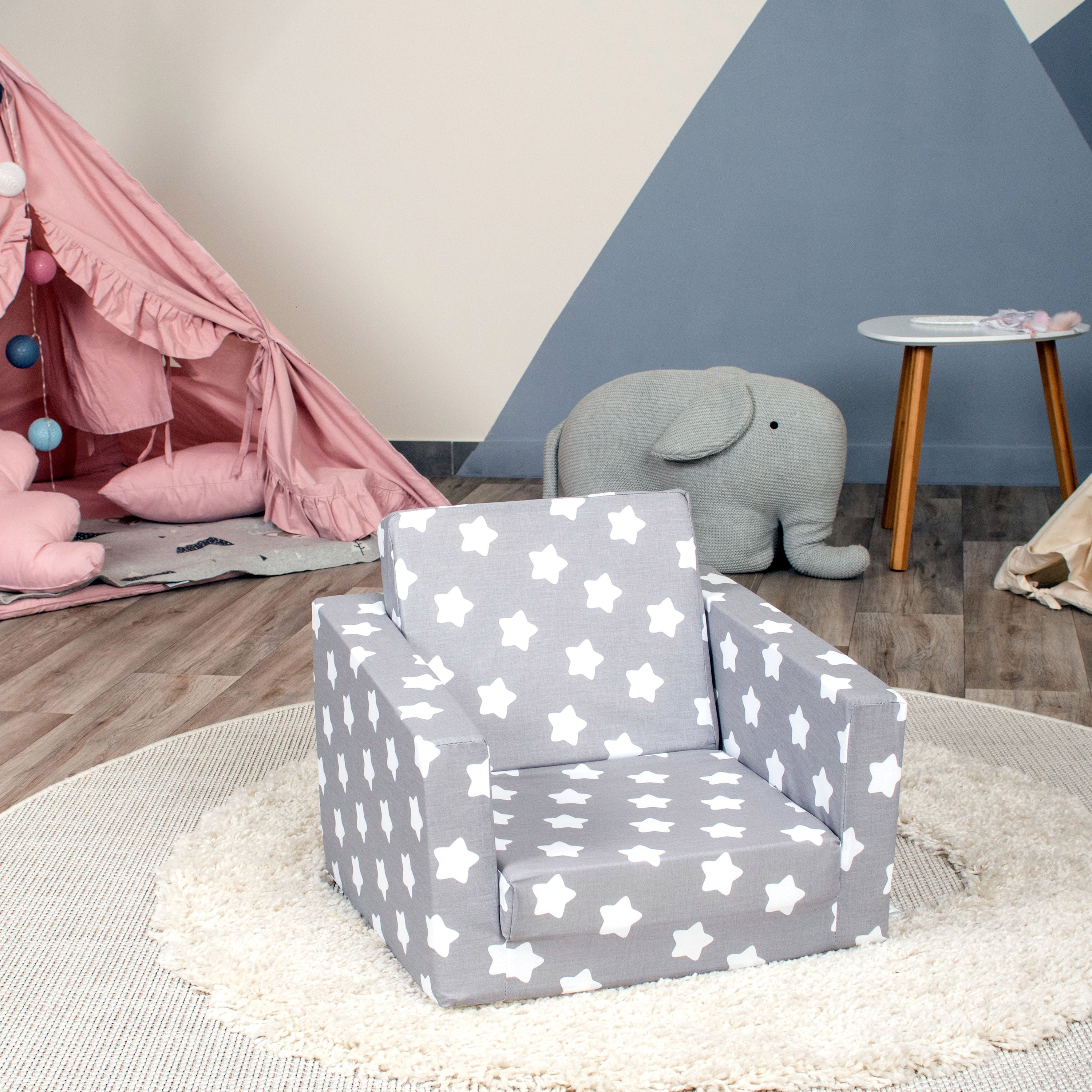 DELSIT Toddler Chair & Kids Sofa - Flip Open Foam Single Sofa - Gray With Stars