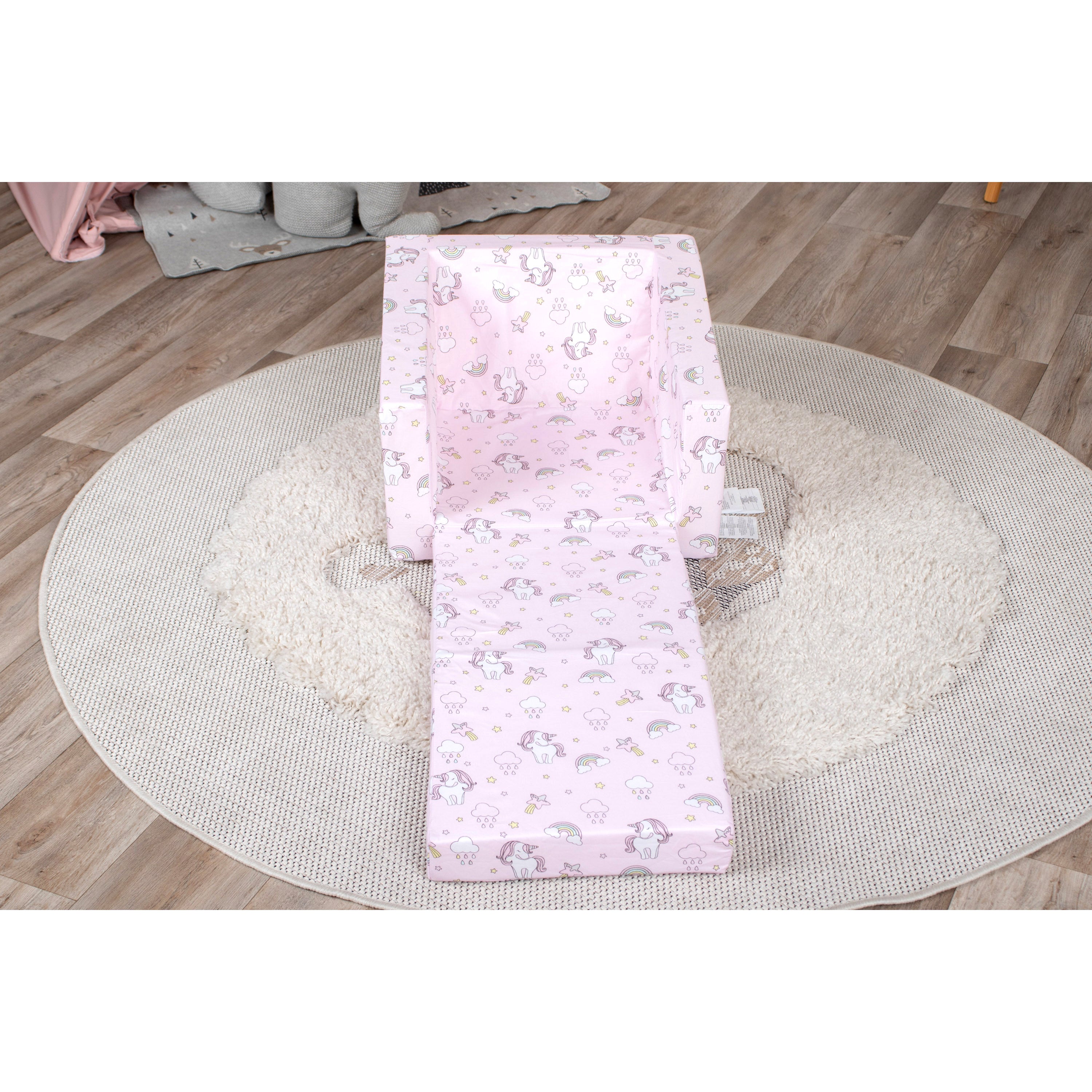 DELSIT Toddler Chair & Kids Sofa - Flip Open Single Sofa - Uni & Rainbows Pink
